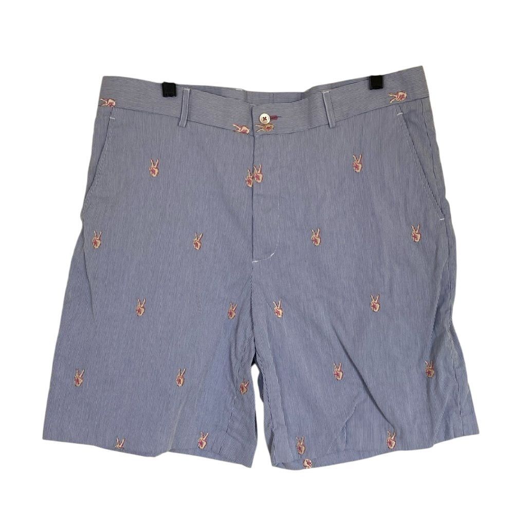 J. McLaughlin Mens Pinstripe‎ Shorts Size 38 Embroidered Peace Sign Blue White